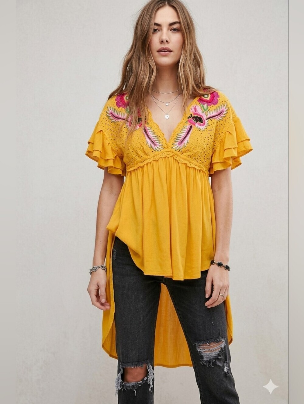 Free People Fiesta Nueva Embroidered Babydoll Boho Top Tassel Back Women Size  S